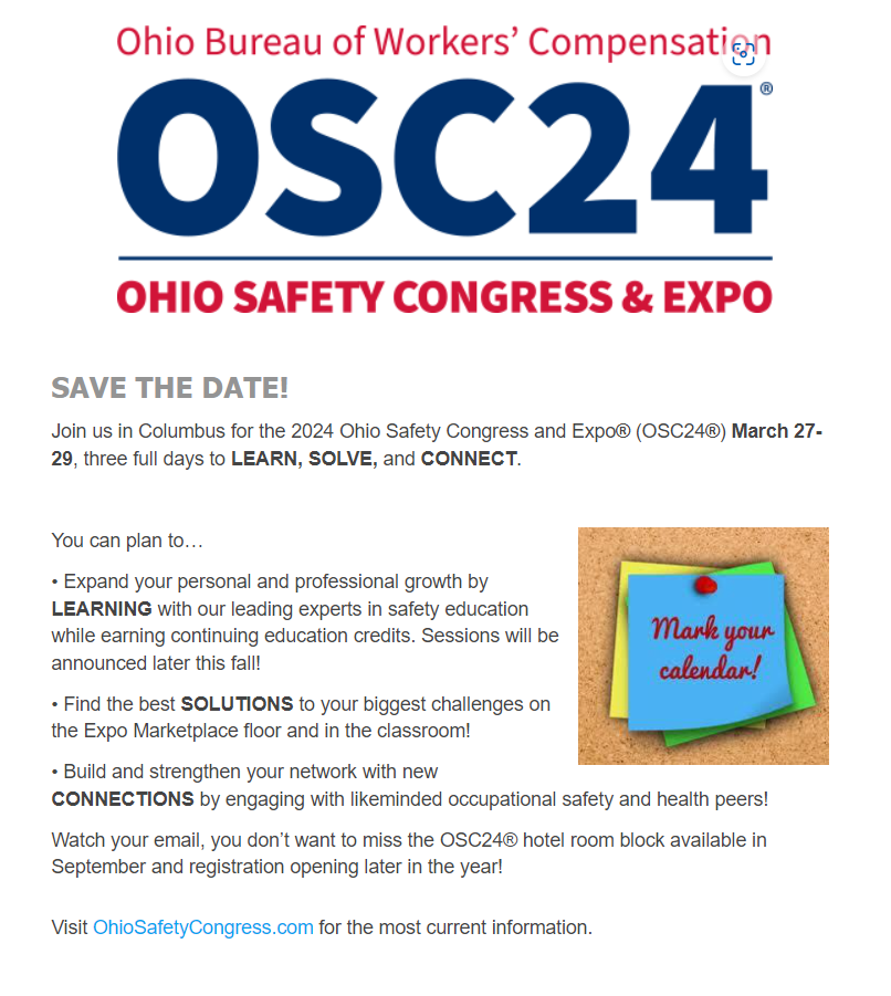 Save the Date!! Ohio Safety Congress & Expo 2024 Ross County Safety